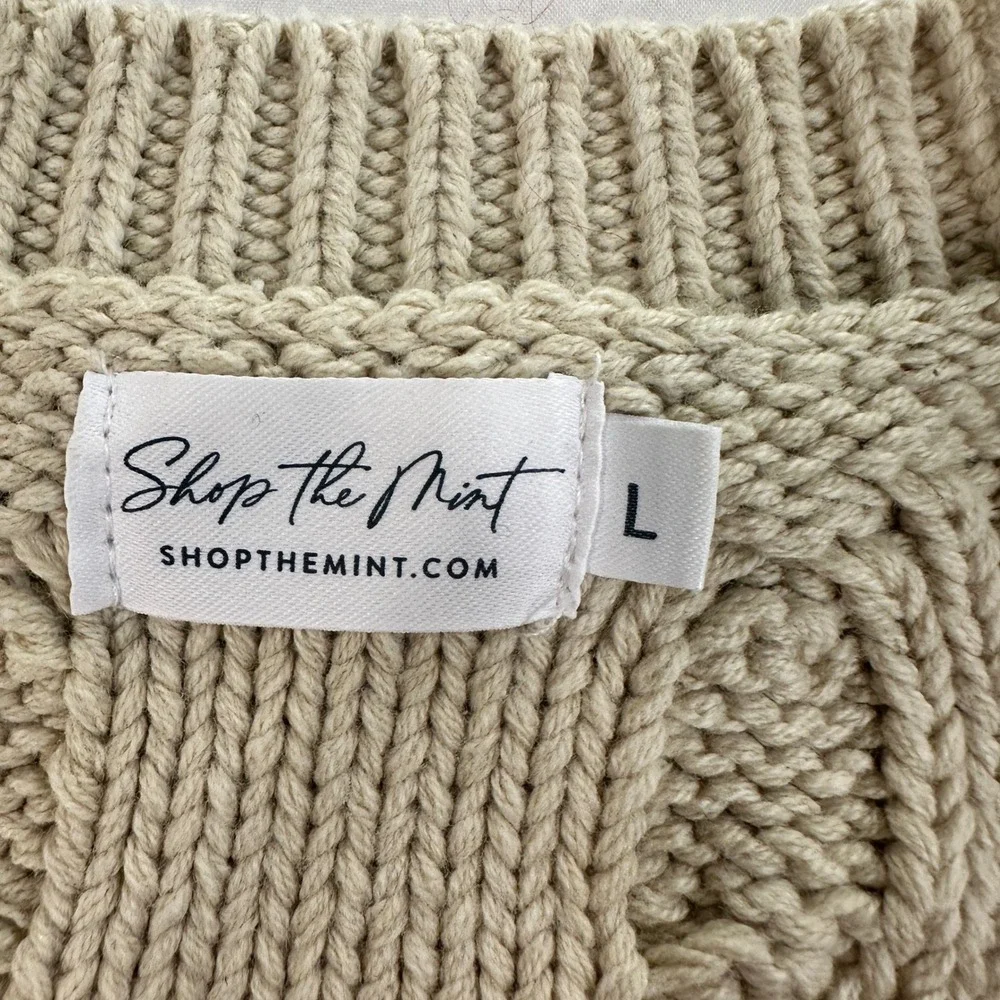 Shop The Mint Sweater Womens Large Cream Cable Knit Chunky Green Velvet Bows L